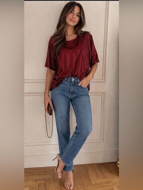 Vintage Erena Red Sequin Top Relaxed Fit Size Large Party Glam Sparkle Shirt